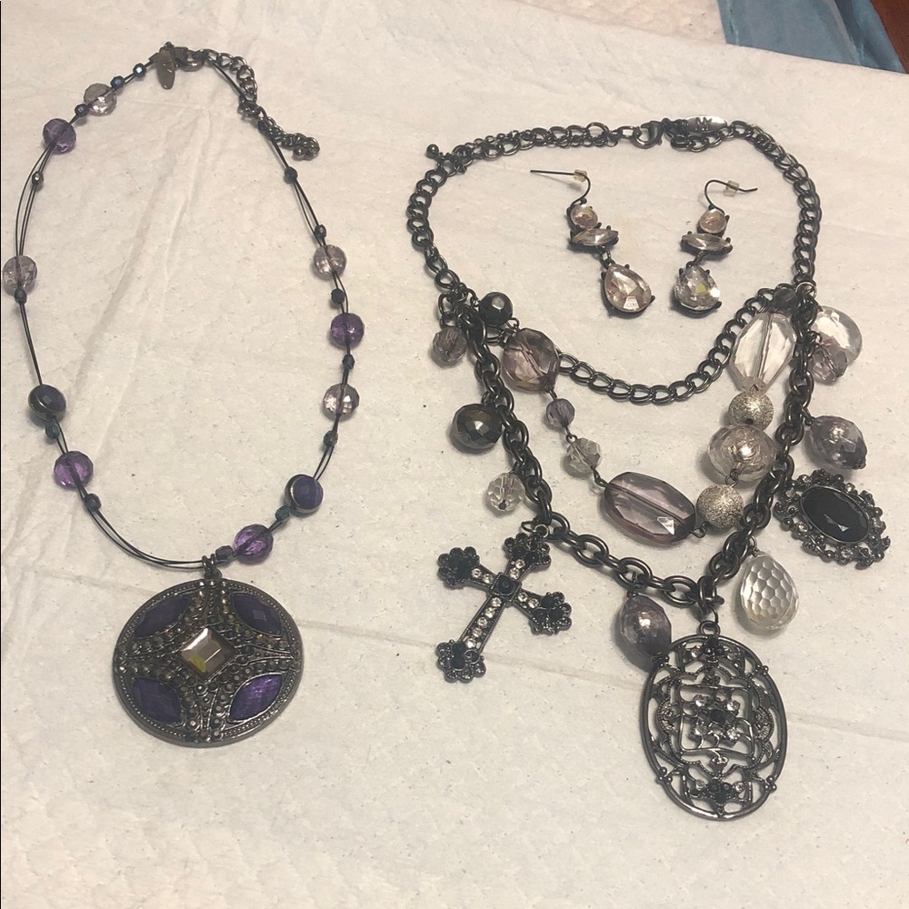 Purple Bead Pendant & Layered Charm Necklace Set - Brand Unknown